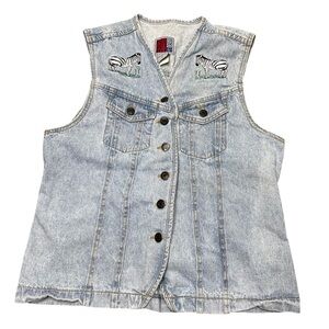 VTG Sunbelt Denim Safari Zebra Embroidered Denim Vest Sz L Cotton Button Down
